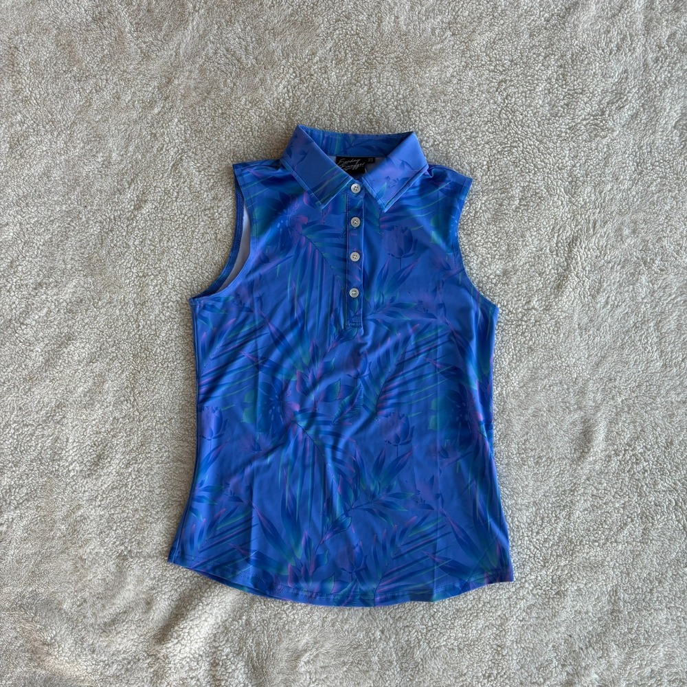 Sunday Swagger Womens XS Sleeveless Golf Polo Blue Tropical Palm Leaf Print NWT